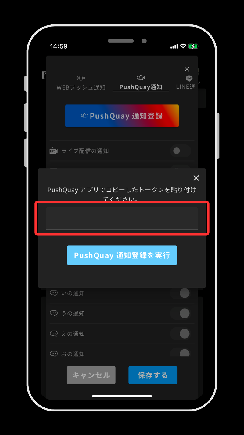 Fincsのトークン貼り付け画面。入力欄が赤枠で示されている